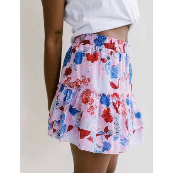 BB Dakota Steve Madden Skirt M Pink Blue Floral Tiered Ruffle First Class Mini - Picture 2 of 11